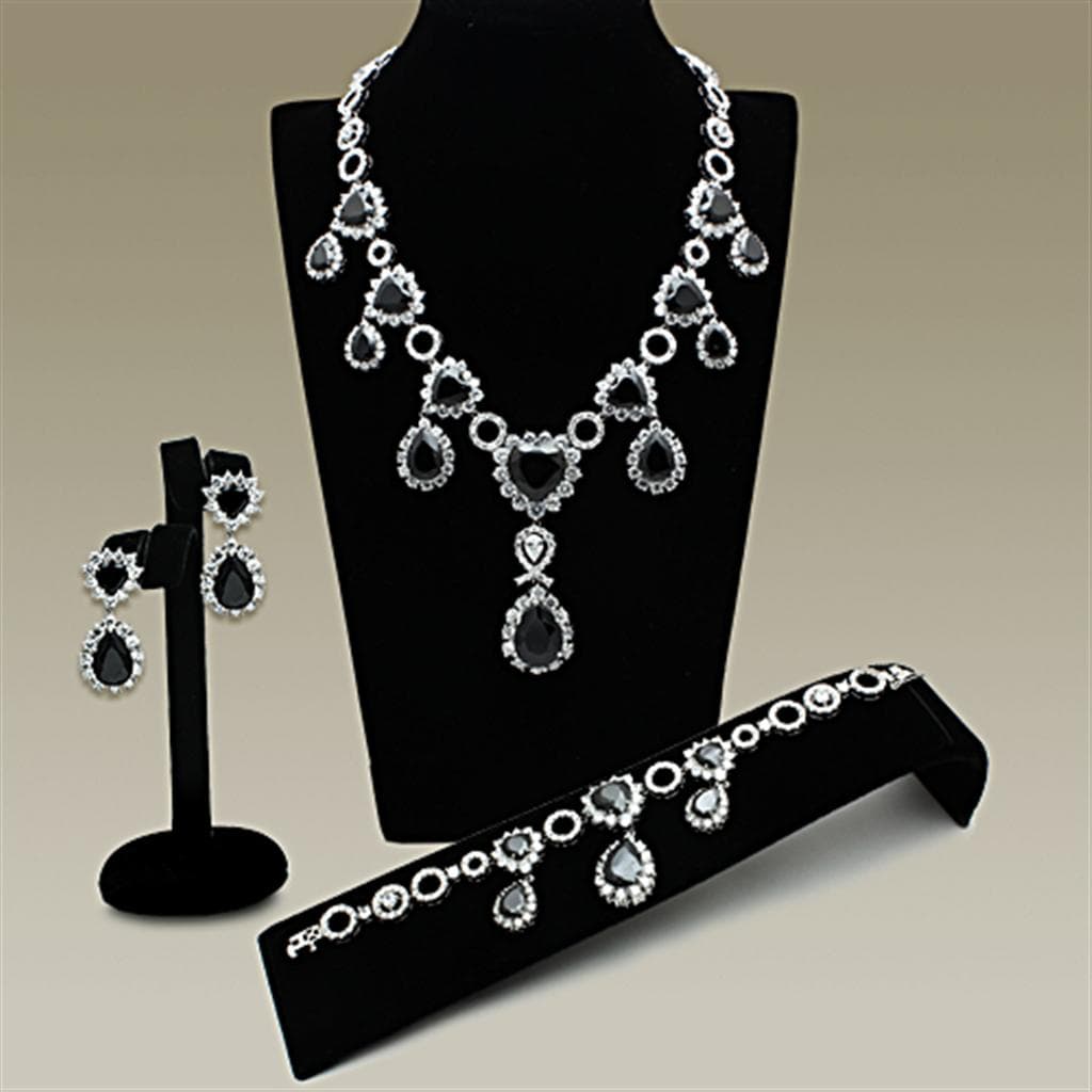 Brass Grey Black CZ Pear Drop Statement Jewelry Set