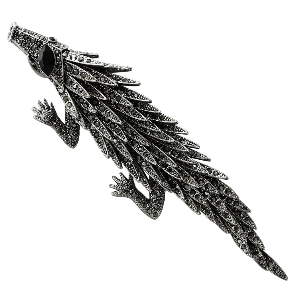 Brass Silver Marcasite Crystal Feather Wing Brooch