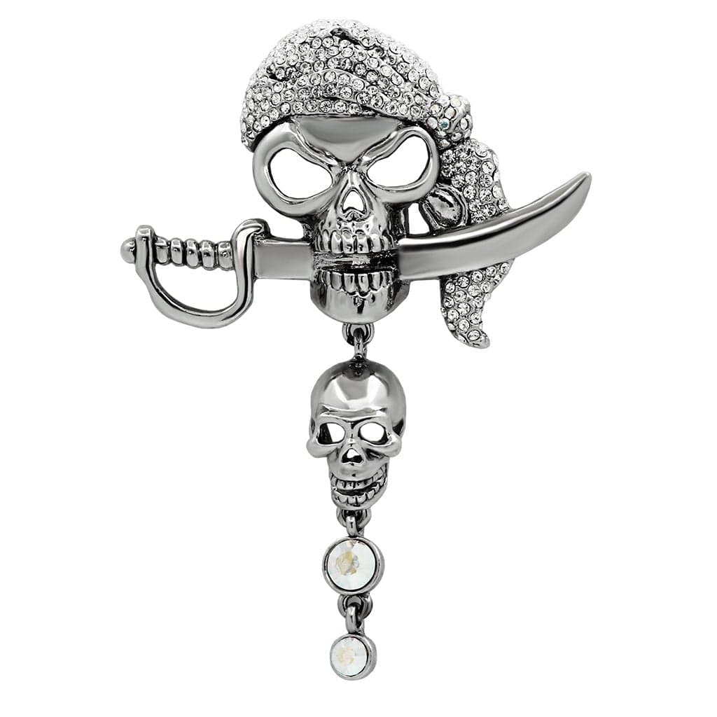 Brass Silver Crystal Pave Pirate Skull Sword Brooch
