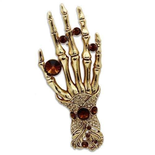 Brass Gold Red Crystal Skeleton Hand Figure Brooch