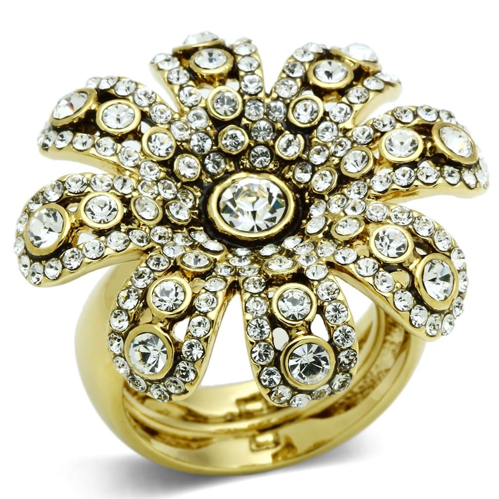 Brass Gold Clear Crystal Bezel Flower Cocktail Ring