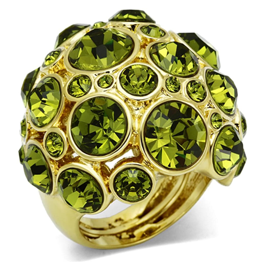 Brass Gold Olive Green Crystal Bezel Bubble Dome Cocktail Ring