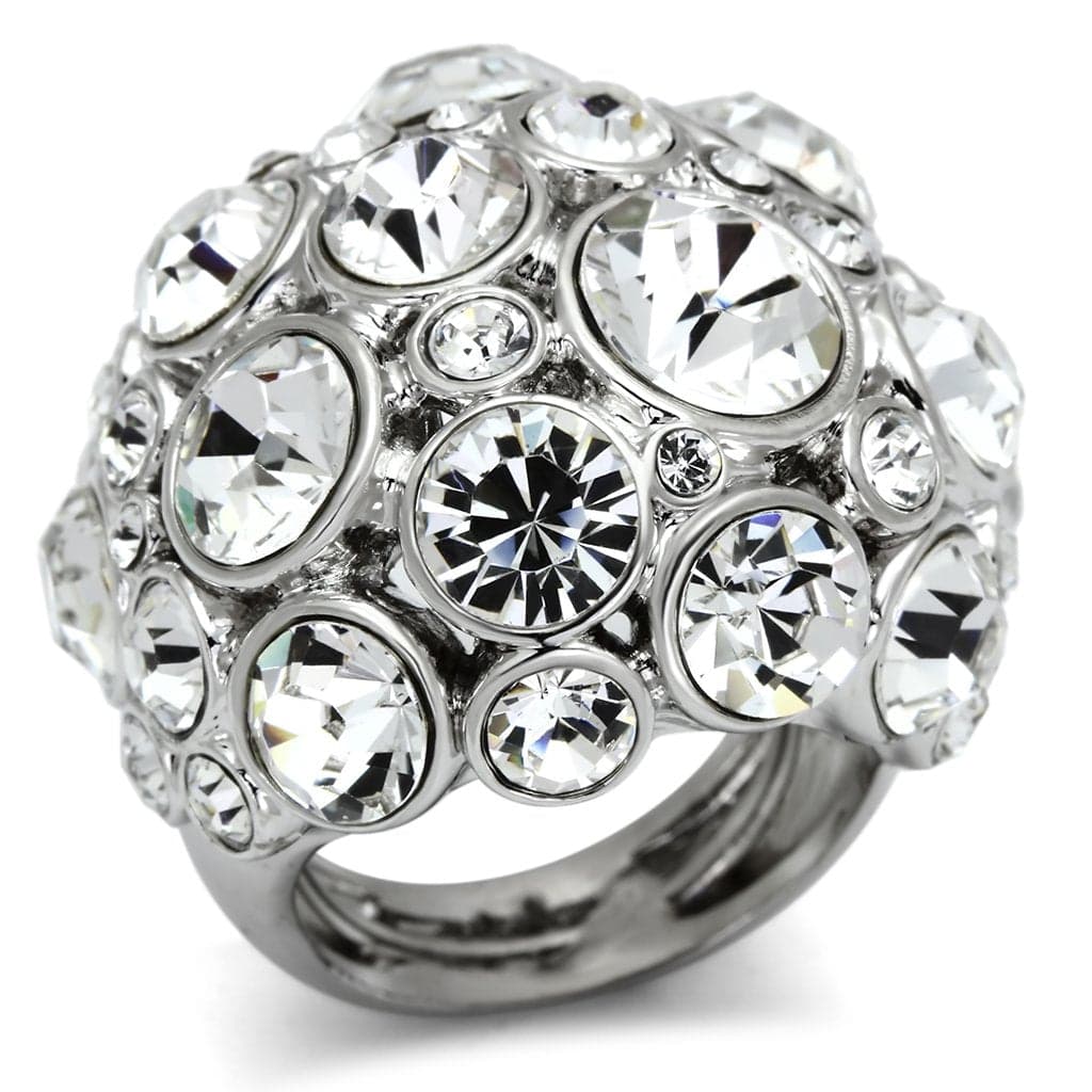 Brass Silver Crystal Bezel Round Cluster Dome Cocktail Ring