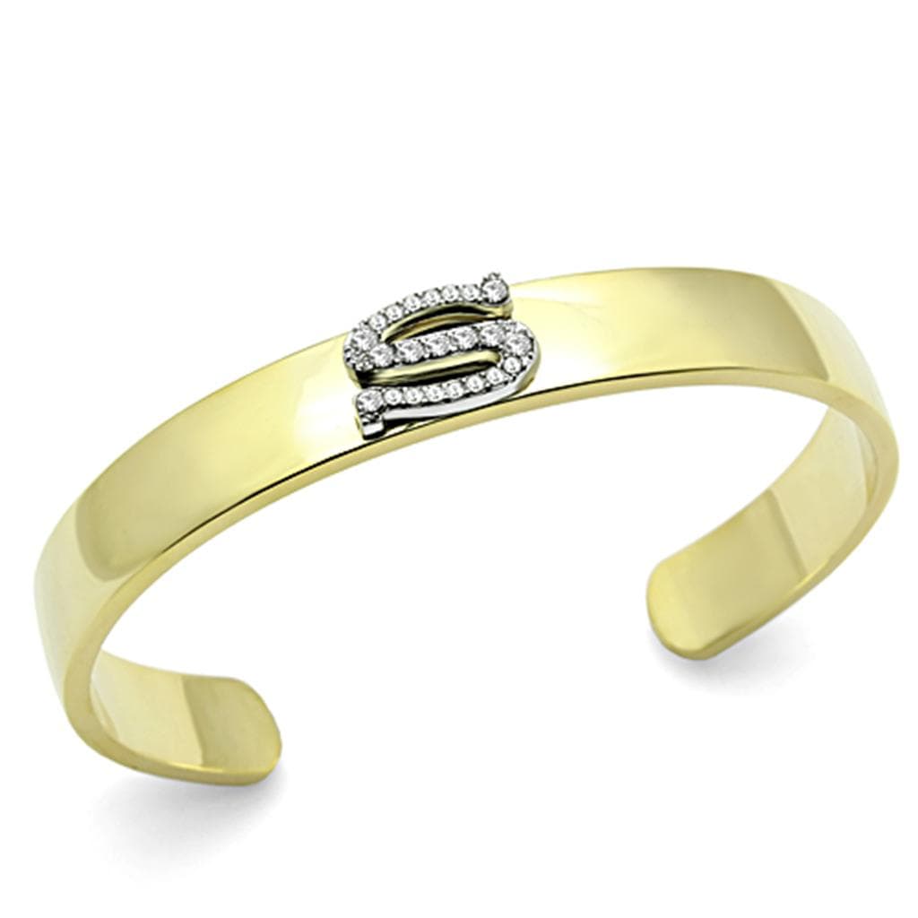 Brass Gold CZ Initial Letter S Open Cuff Bracelet