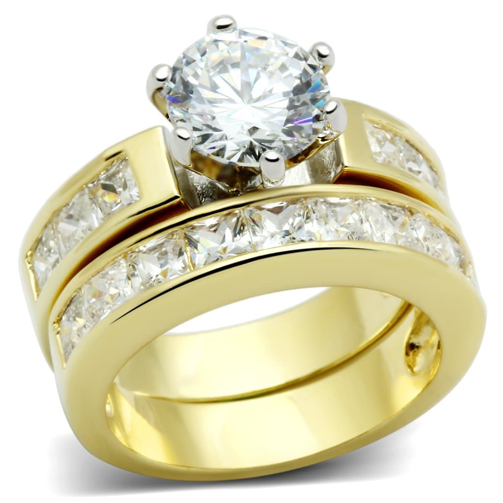 Brass Gold Round CZ Solitaire Channel Set Wedding Ring Set Ring