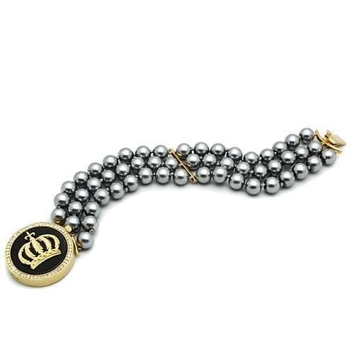 Brass Gold Grey Pearl Crown Medallion Double Strand Bracelet