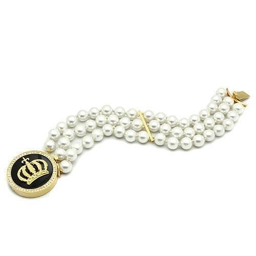 Brass Gold Grey Pearl Crown Medallion Single Strand Bracelet