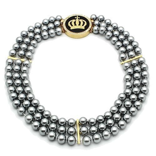 Brass Gold Dark Grey Pearl Crown Medallion Double Strand Necklace