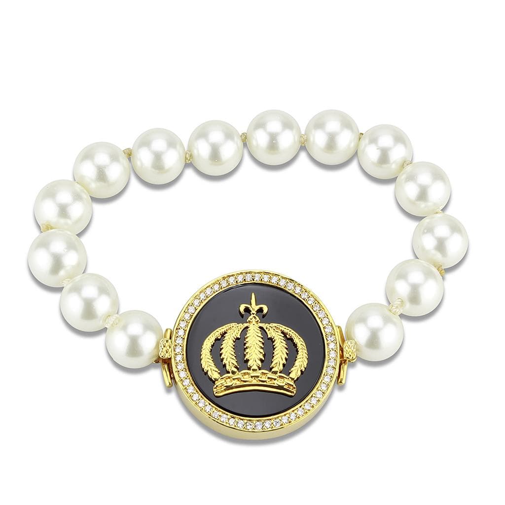 Brass Gold White Pearl Crown Medallion CZ Bracelet