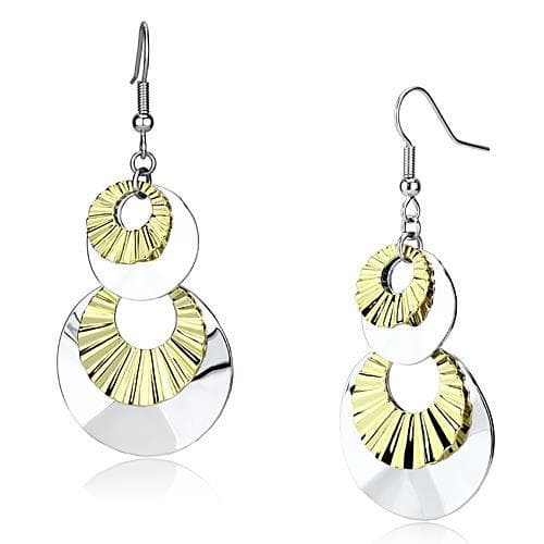 Iron Two Tone Gold Silver Ribbed Fan Circle Triple Drop Earrings
