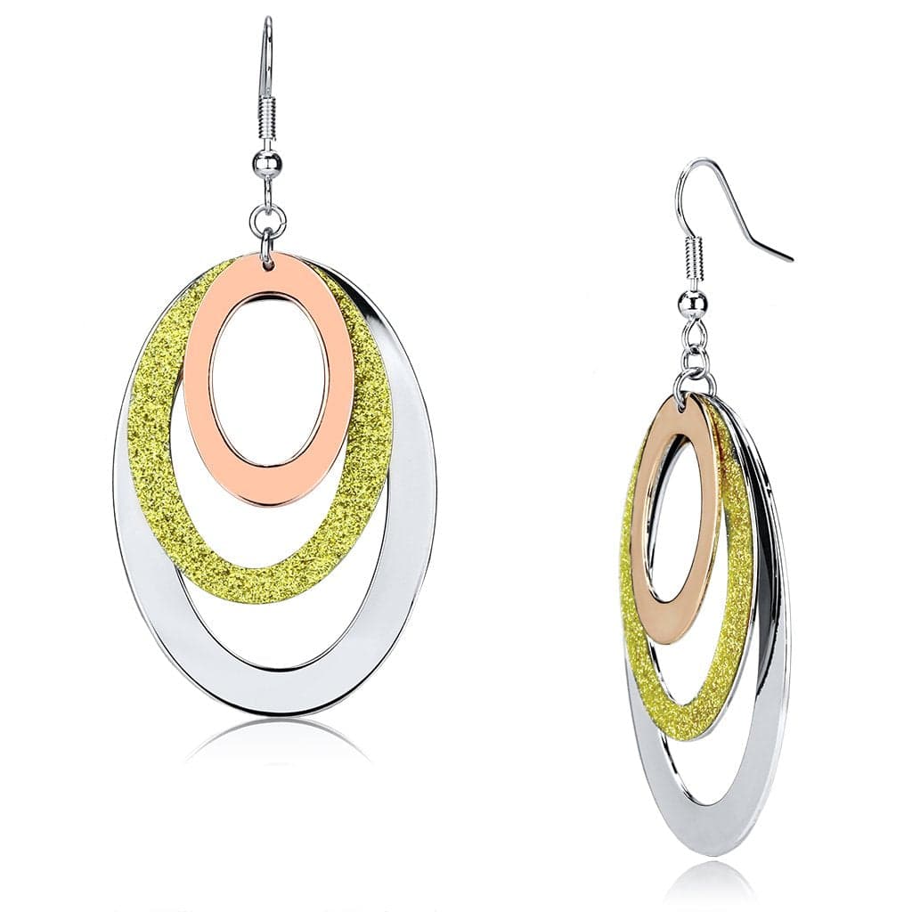 Iron Rose Gold Silver Glitter Oval Nested Triple Ring Earrings