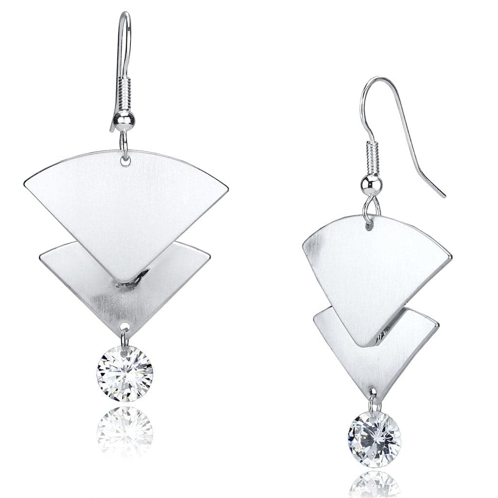 Iron Silver Geometric Fan Triangle CZ Drop Earrings