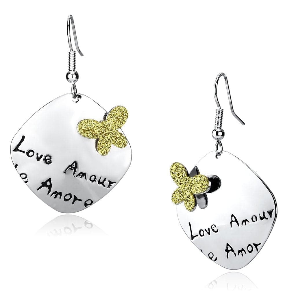 Iron Silver Engraved Love Amour Glitter Flower Disc Drop Earrings