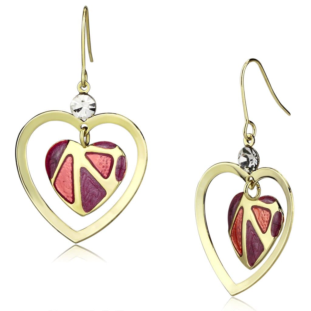 Iron Gold Pink Enamel Stained Glass Heart Drop Earrings
