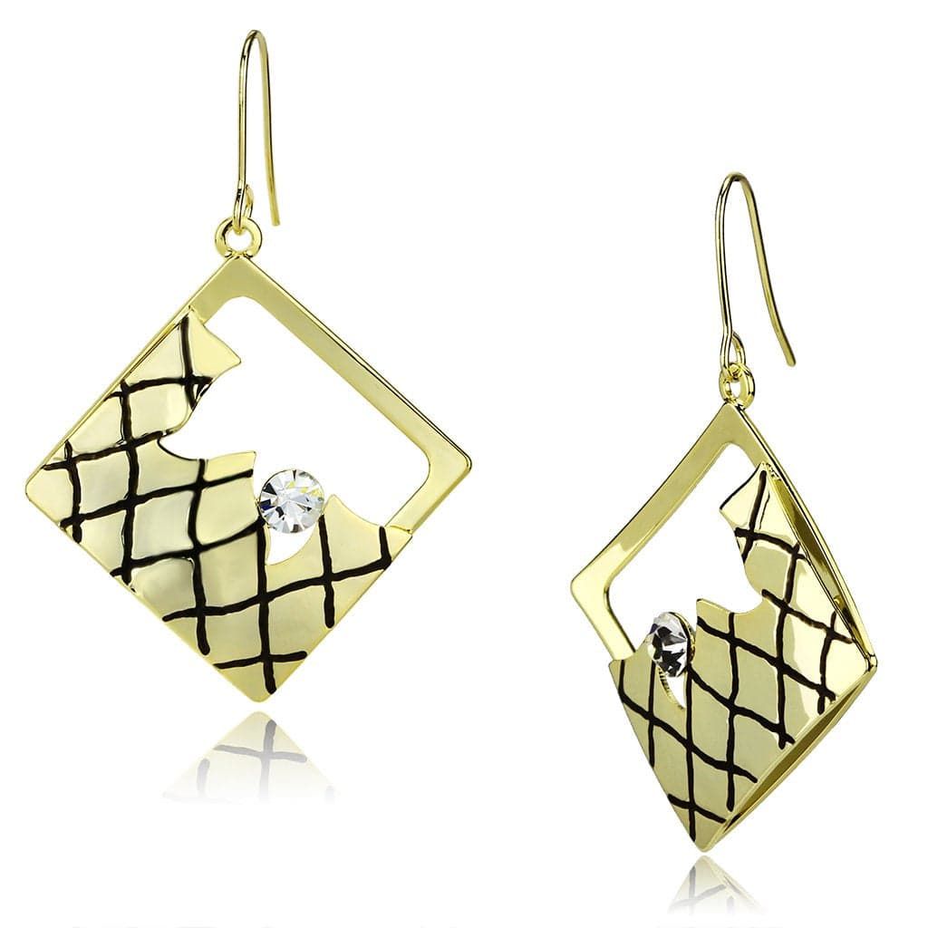 Iron Gold Black Crosshatch Grid Diamond Square CZ Drop Earrings