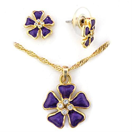 Brass Gold Purple Enamel Flower Stud Pendant Necklace Set