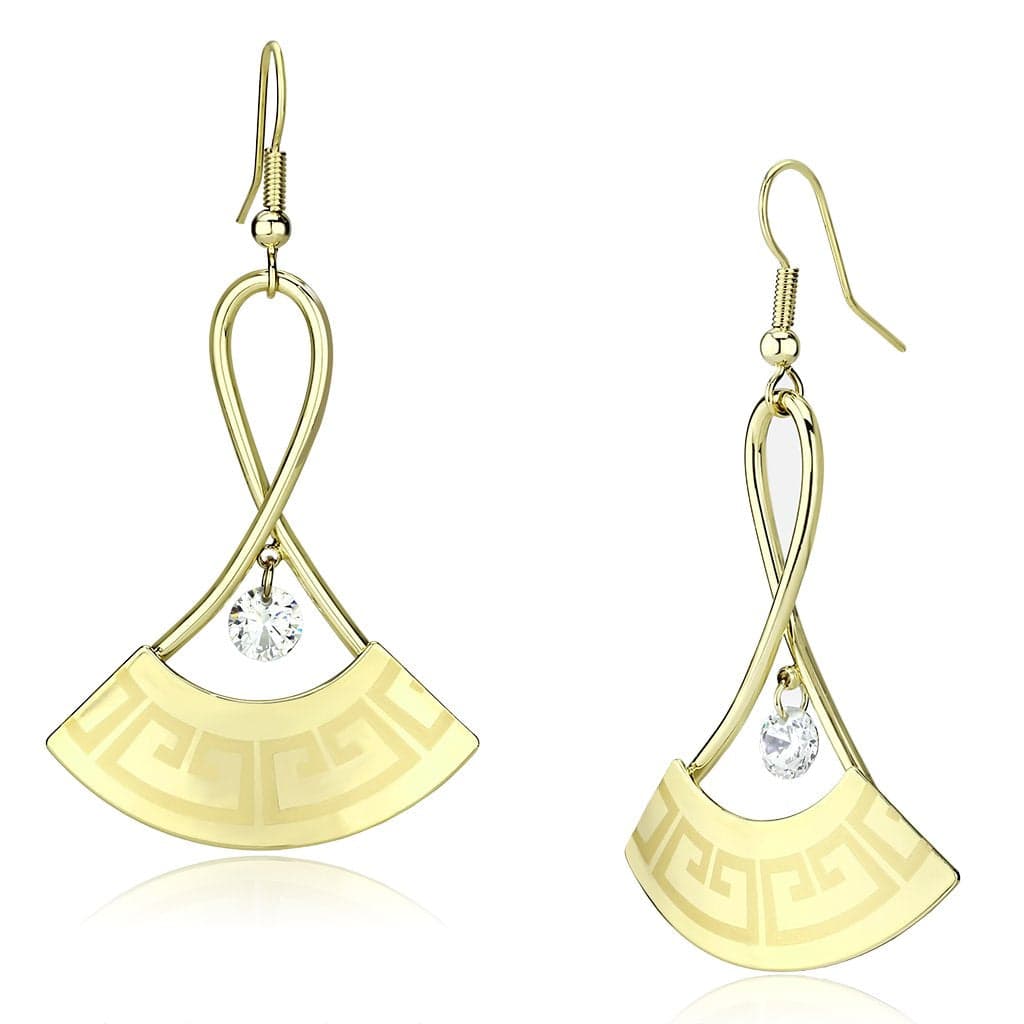 Iron Gold Greek Key Fan CZ Drop Earrings | The Stainless Jewelry