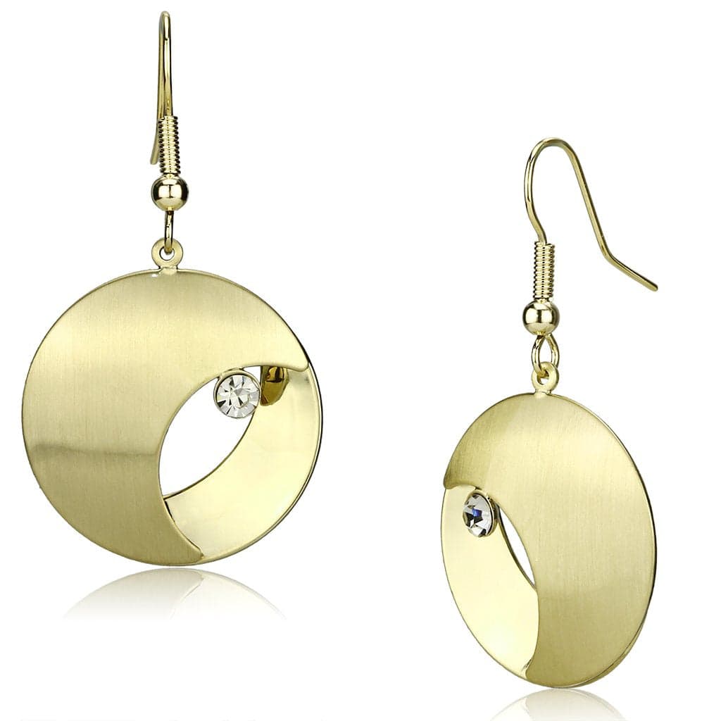 Iron Gold Brushed Satin Disc CZ Moon Drop Earrings