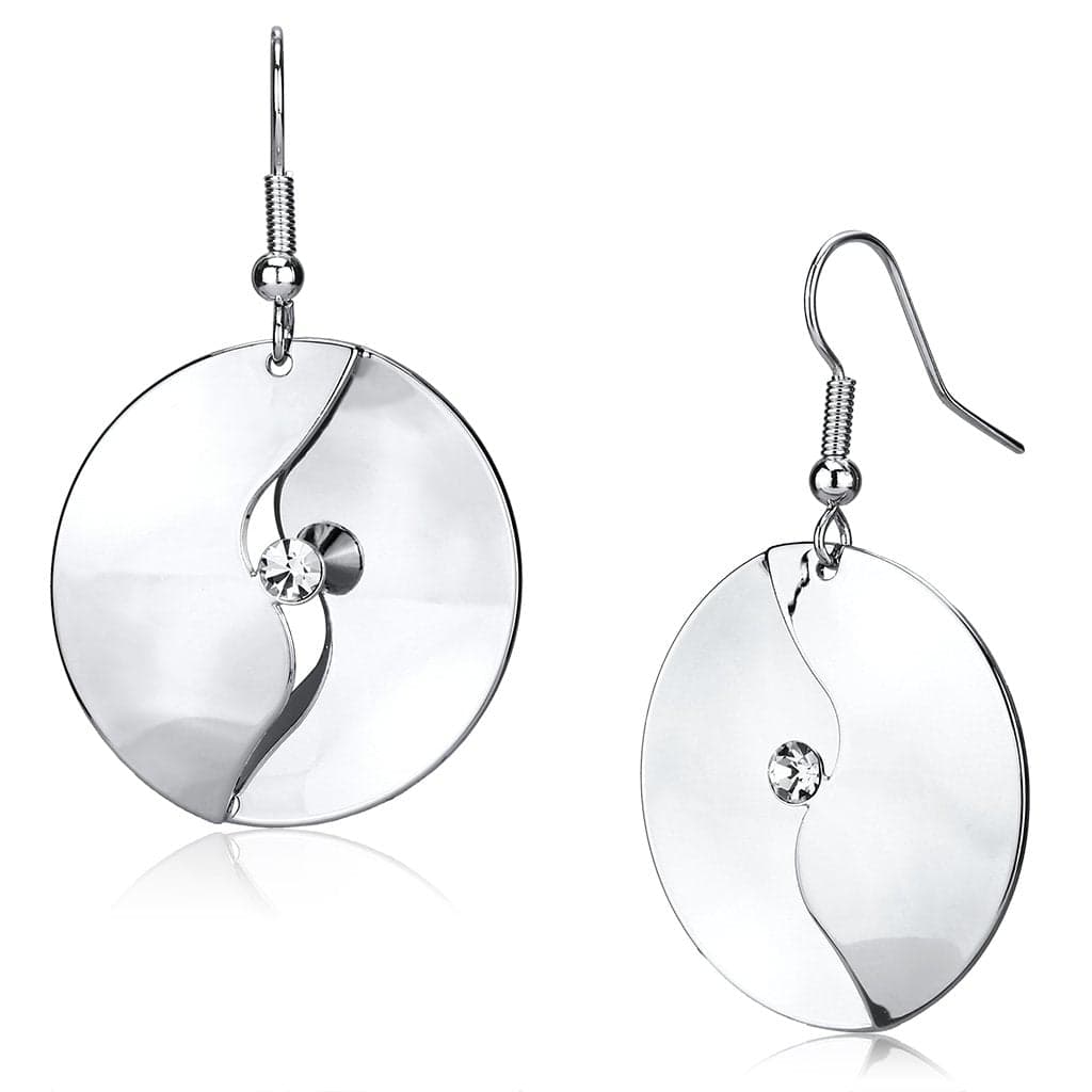 Iron Silver Polished Wave Slash Disc CZ Drop Earrings