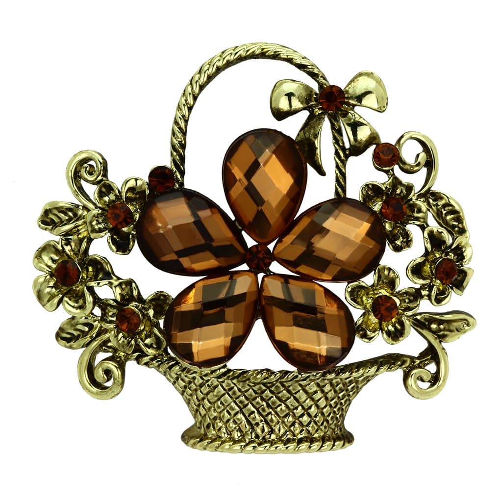 Brass Antique Gold Brown Crystal Flower Basket Brooch