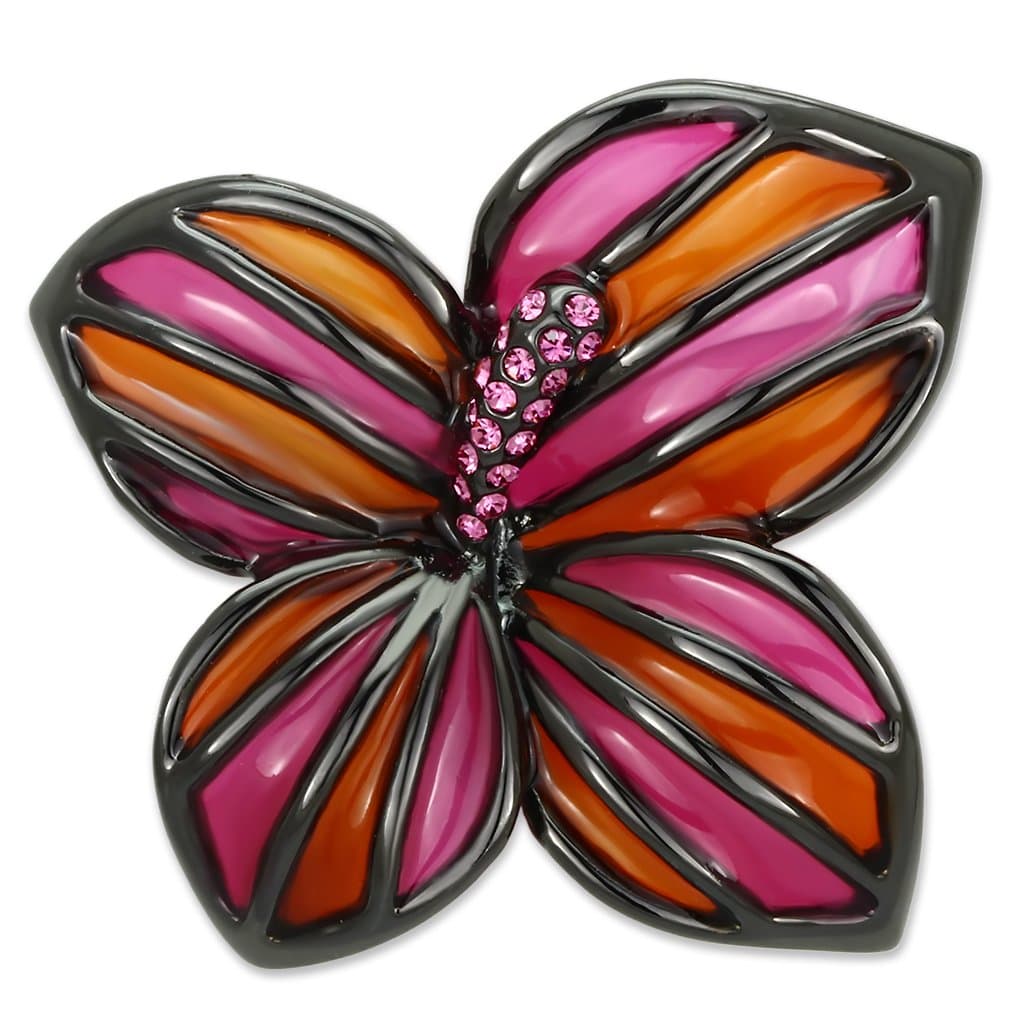 Brass Pink Orange Enamel CZ Plumeria Flower Brooch