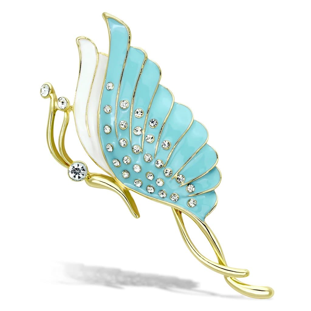 Brass Gold Turquoise White Enamel CZ Butterfly Brooch LO2772