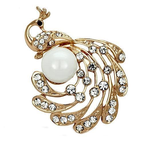 Brass Gold Pearl CZ Peacock Feather Swirl Brooch