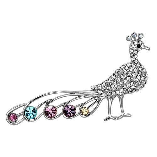 Brass Silver Multi Color Crystal Peacock Standing Brooch