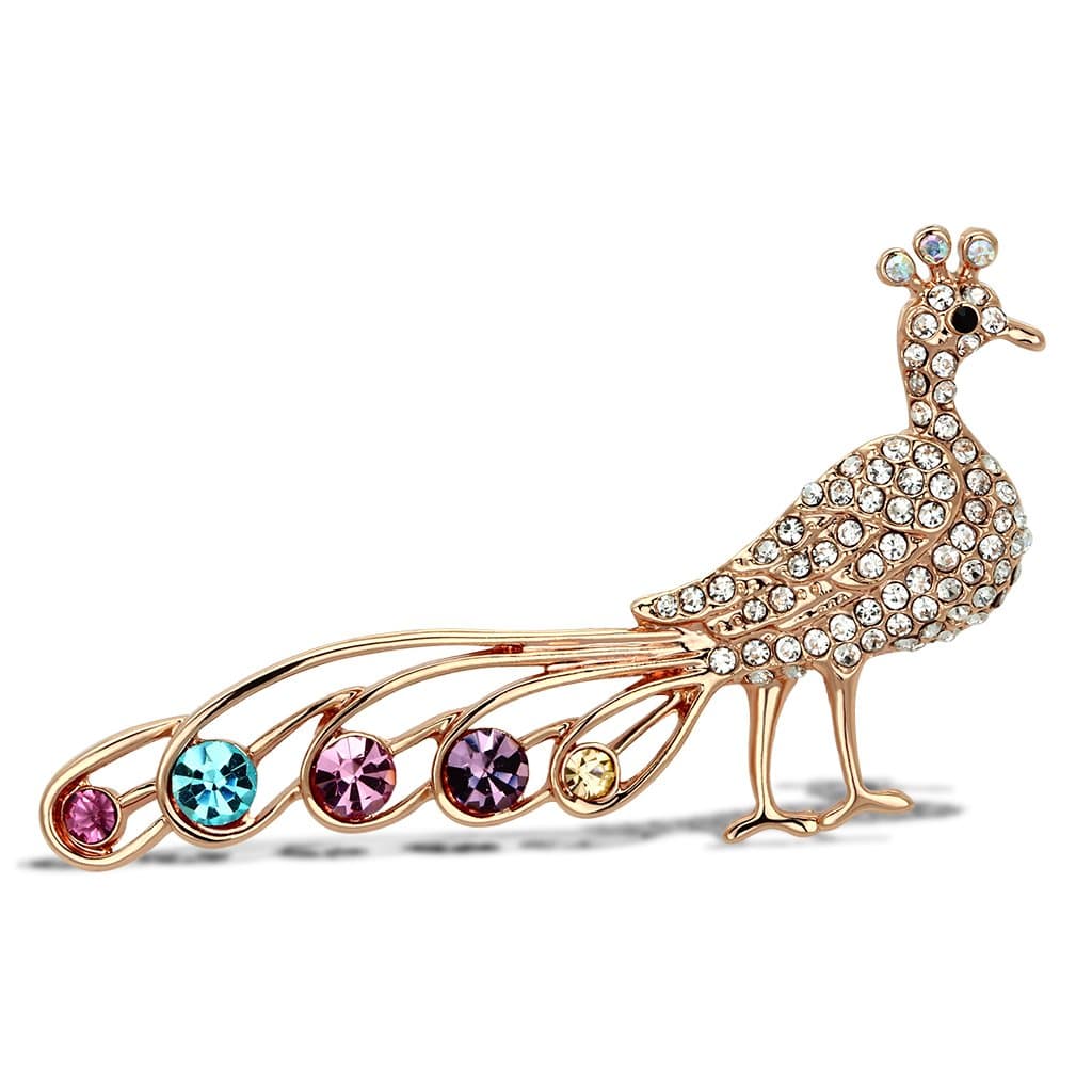 Brass Rose Gold Multi Color Crystal Peacock Standing Brooch