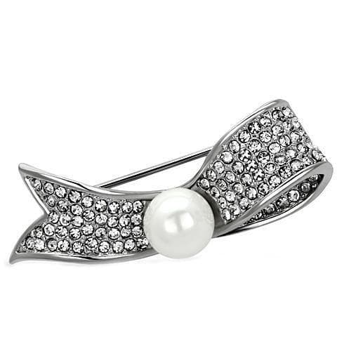 Brass Silver Pearl CZ Pave Ribbon Bow Brooch
