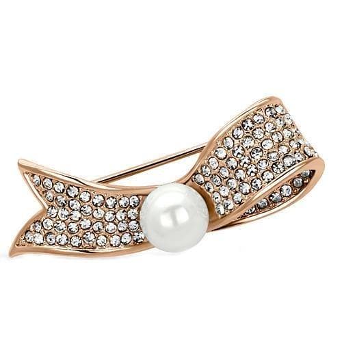 Brass Rose Gold Pearl CZ Pave Ribbon Bow Brooch