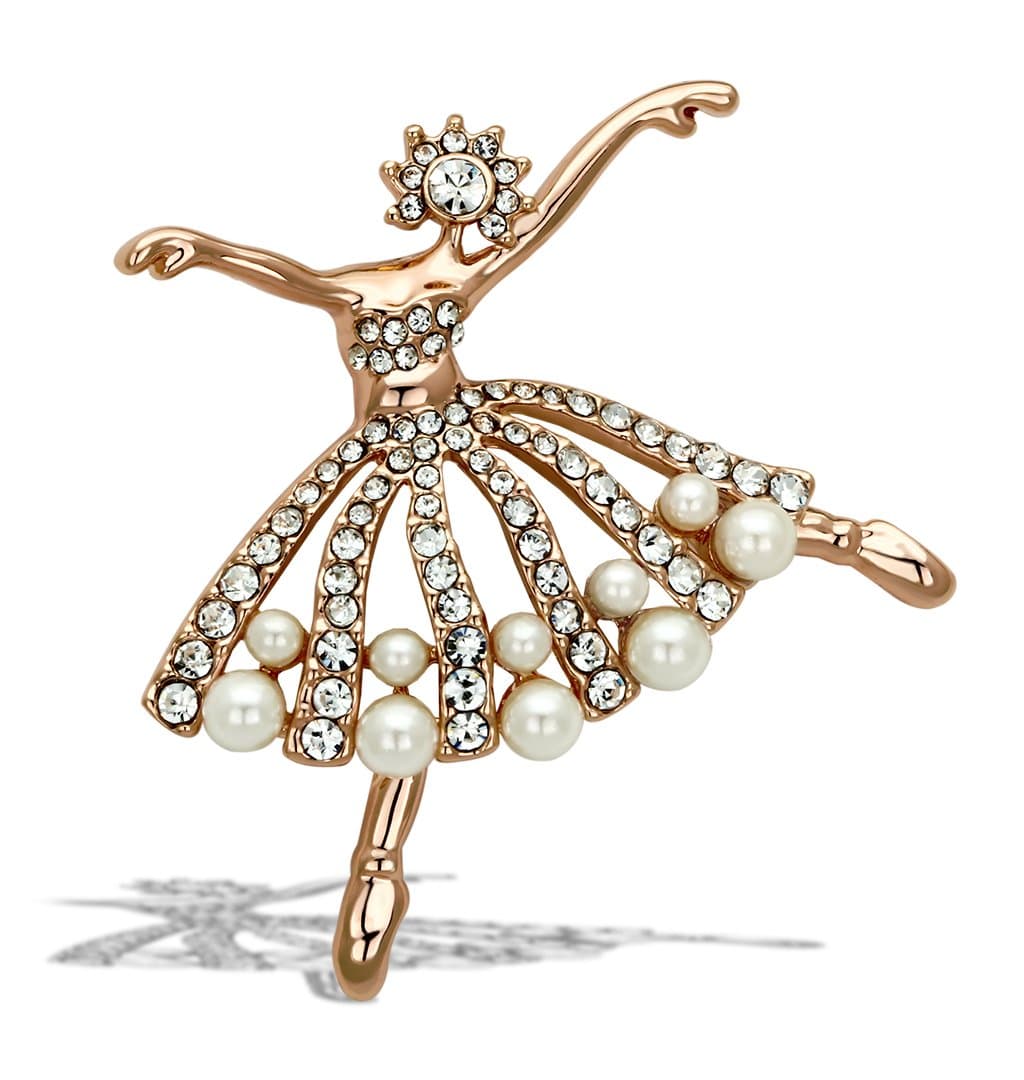 Brass Rose Gold Pearl Crystal Ballerina Dancer Tutu Brooch