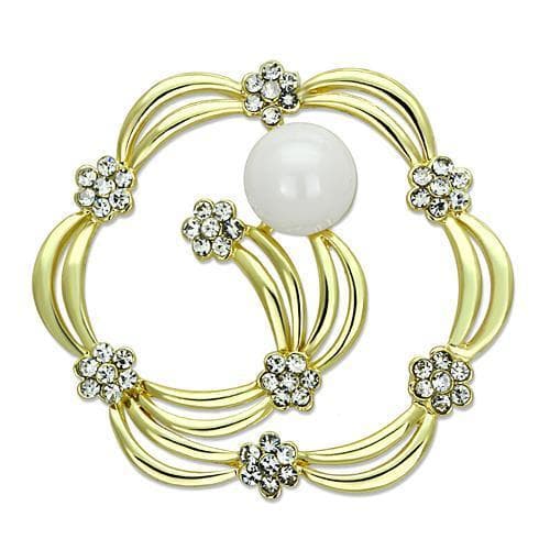 Brass Gold Pearl Crystal Flower Wreath Circle Brooch