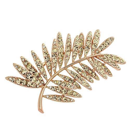 Brass Rose Gold Champagne Crystal Leaf Fern Branch Brooch