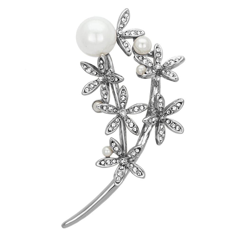 Brass Silver Pearl CZ Pave Double Daisy Flower Stem Brooch