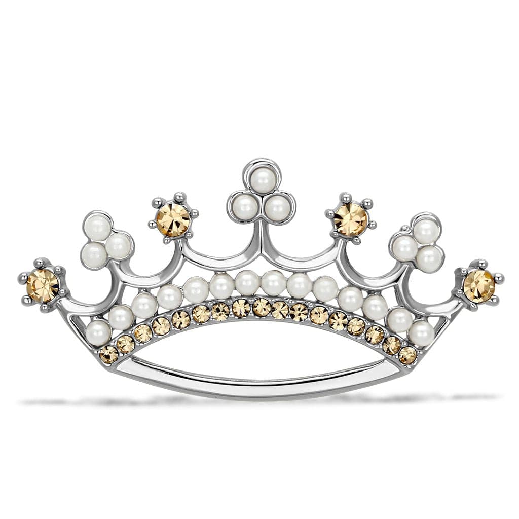 Brass Silver Pearl Champagne Crystal Crown Tiara Brooch