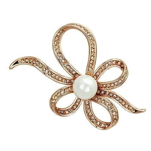 Brass Rose Gold Pearl Champagne CZ Ribbon Bow Flower Brooch