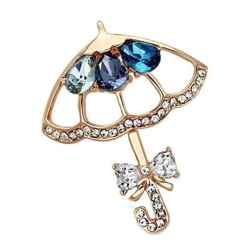 Brass Rose Gold Blue Crystal CZ Umbrella Parasol Bow Brooch