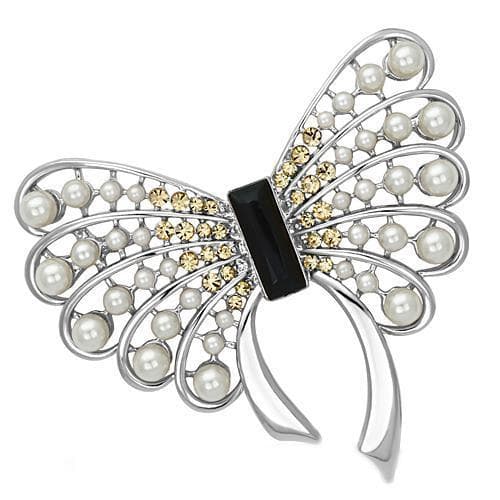 Brass Silver Pearl Champagne Crystal Butterfly Bow Brooch