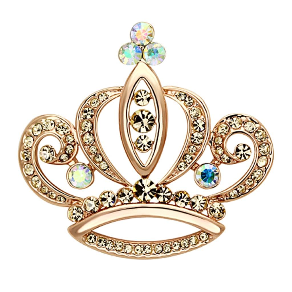Brass Rose Gold Aurora Borealis Champagne Crystal Crown Brooch