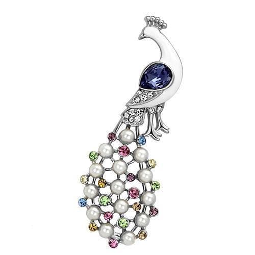 Brass Silver Multi Color Crystal Pearl Peacock Standing Brooch