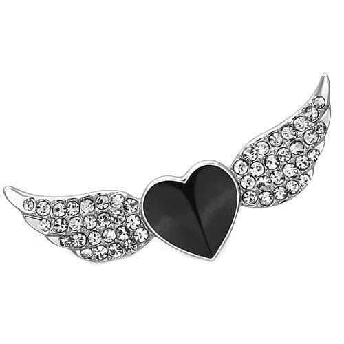 Brass Silver Black Enamel CZ Winged Heart Angel Brooch