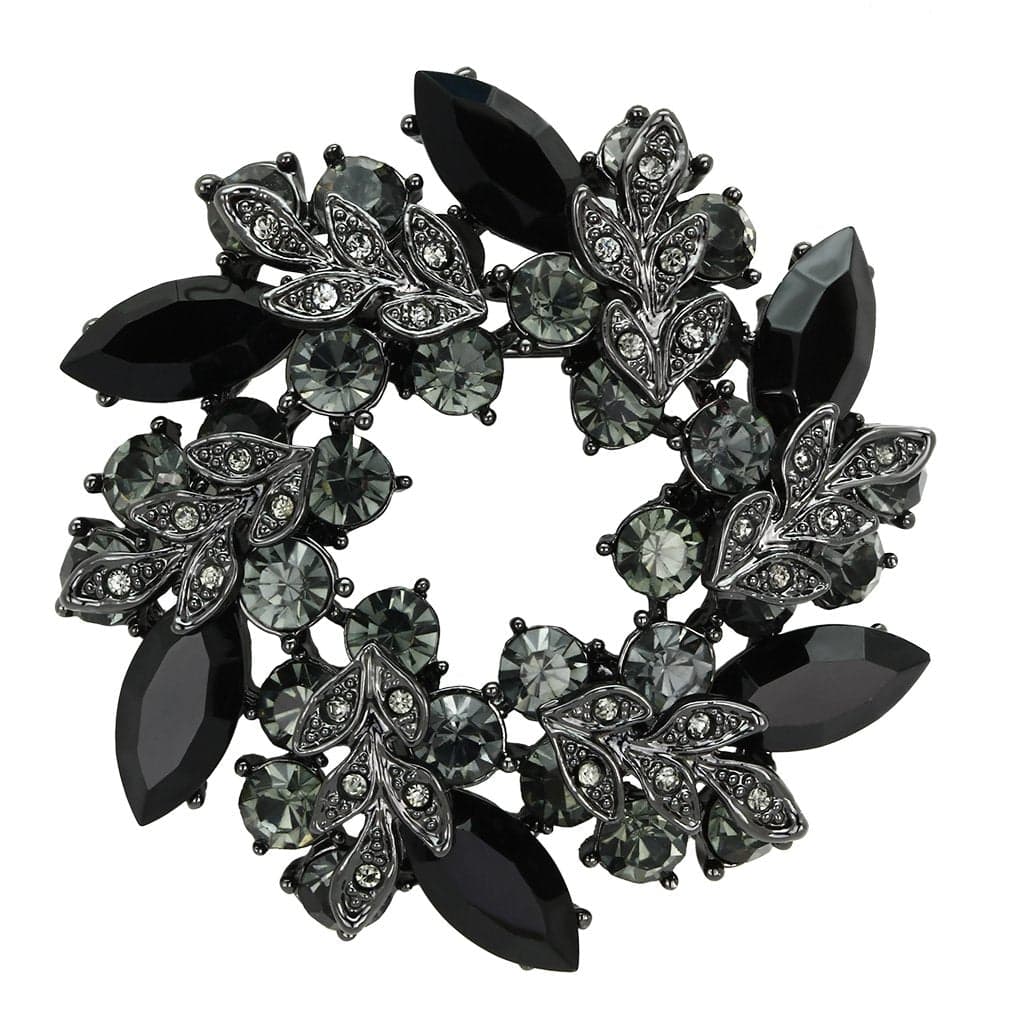 Brass Gunmetal Black Grey Crystal Flower Wreath Brooch