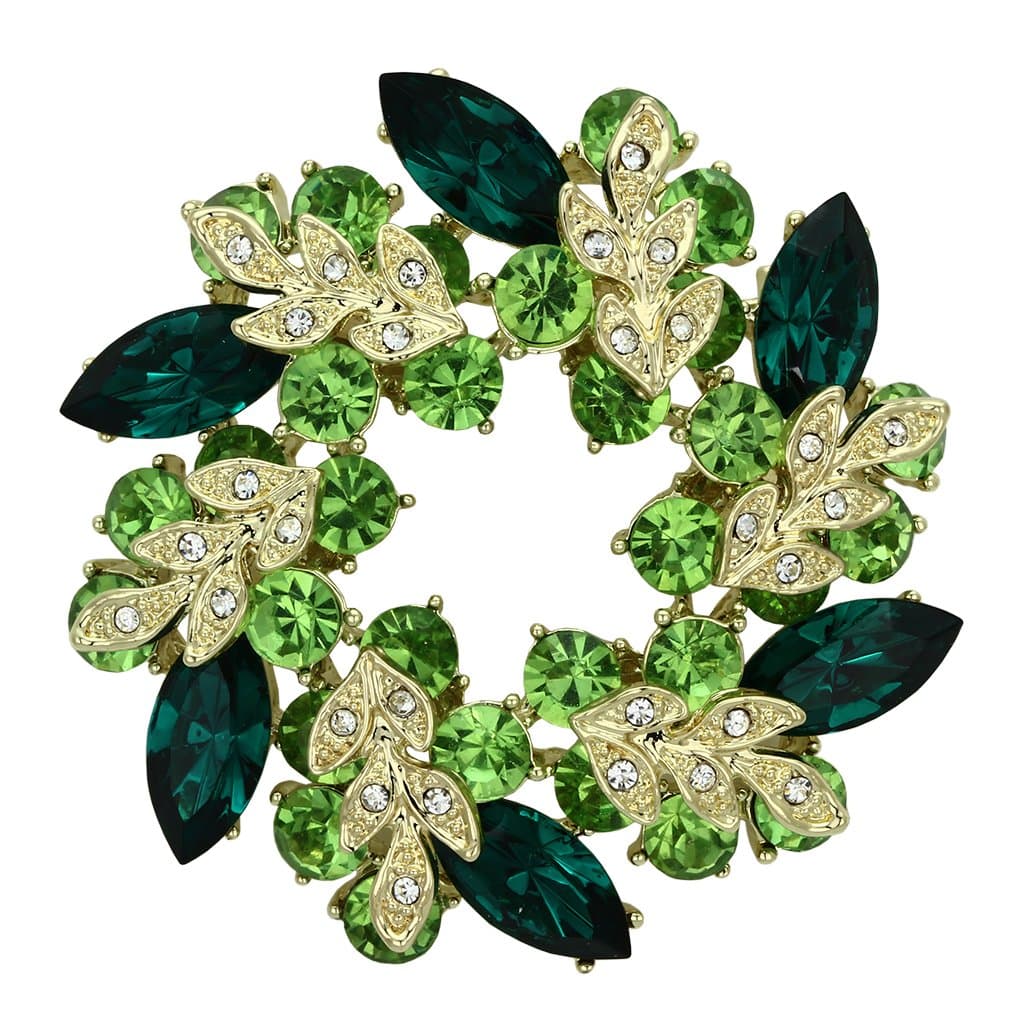 Brass Gold Green Crystal Flower Leaf Wreath Brooch