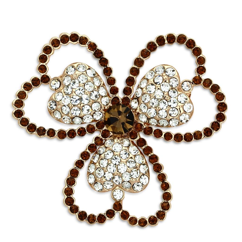 Brass Rose Gold Brown CZ Pave Clover Trefoil Brooch