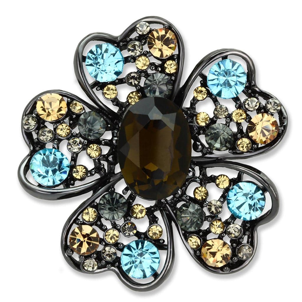Brass Gunmetal Brown Blue Topaz Crystal Flower Ring