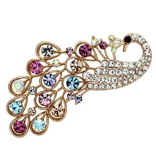 Brass Rose Gold Multi Color Crystal Pearl Peacock Brooch