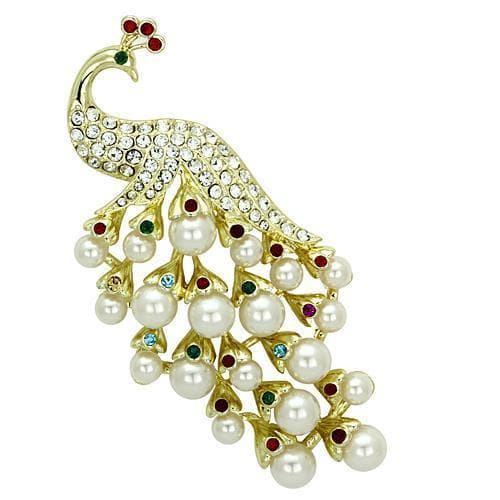 Brass Gold Multi Color Crystal Pearl Peacock Brooch