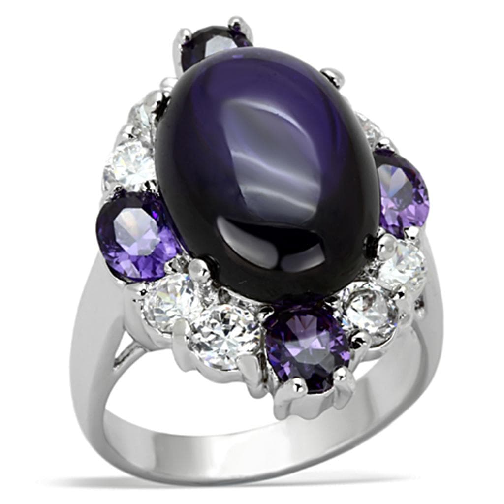Brass Silver Purple Cats Eye Cabochon Amethyst CZ Cocktail Ring