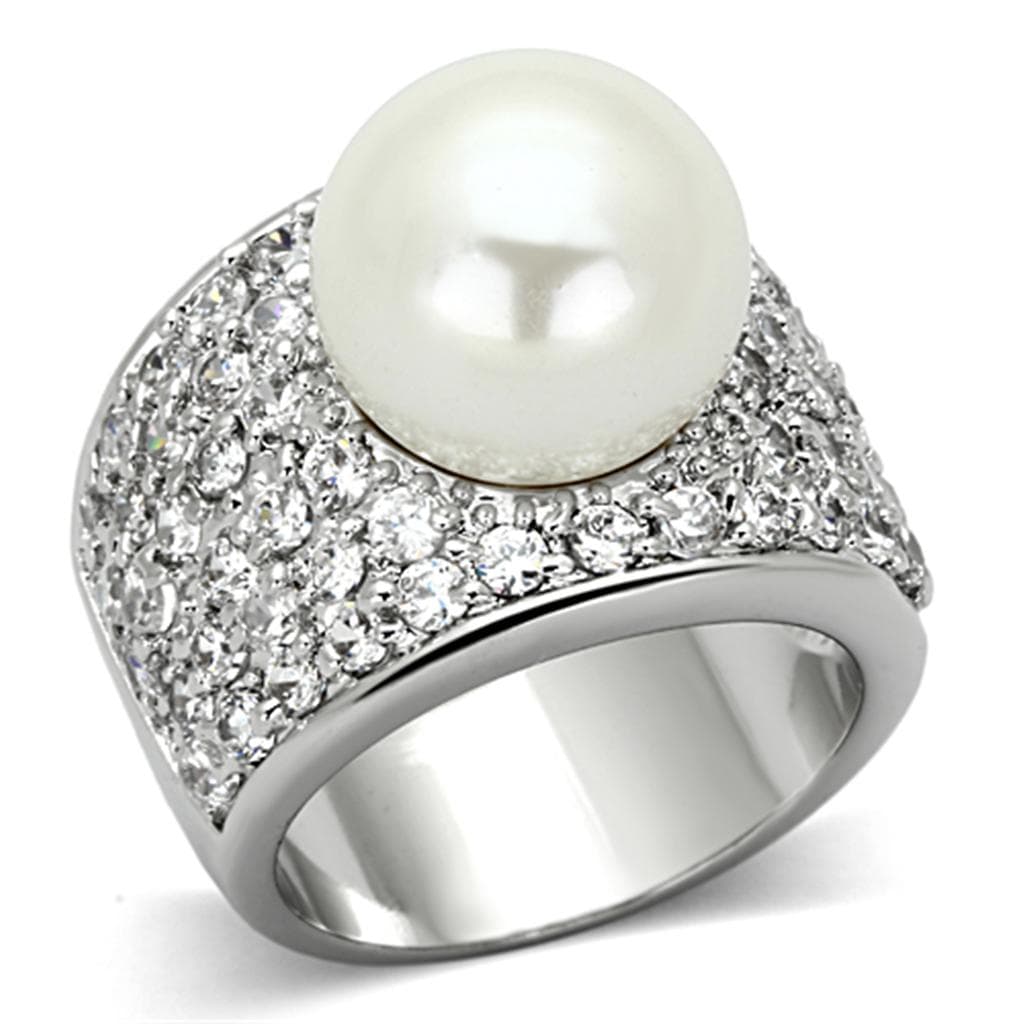 Brass Silver Pearl CZ Pave Wide Dome Cocktail Ring